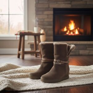 Coach Womens 8B Ankle Boots Brown Suede Shearling Lined Hidden Wedge Buckle